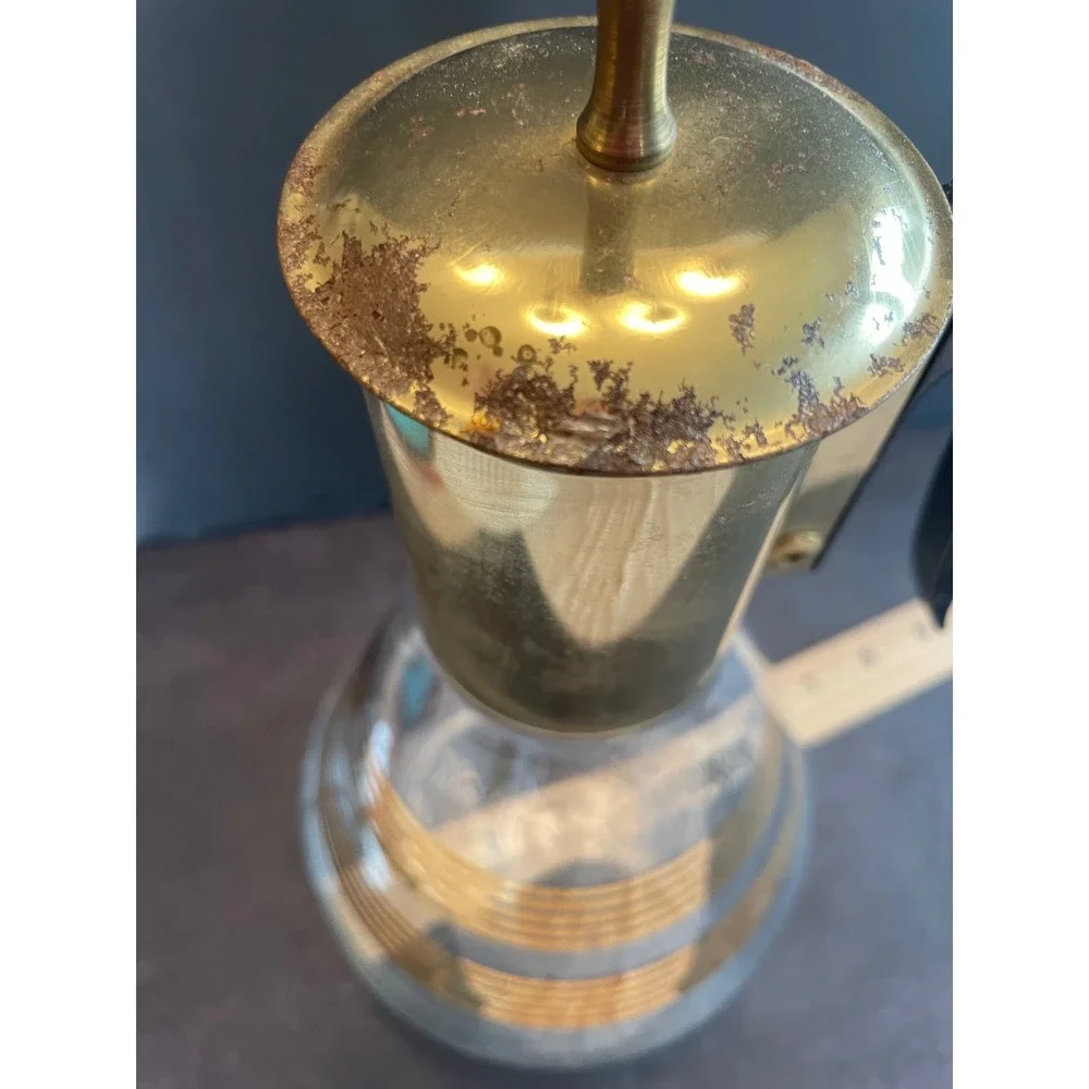 Vintage Pyrex Coffee Carafe Gold Stripes MCM Brass Warming Stand Bakelite Handle
